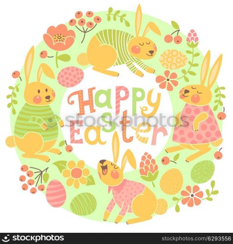 Happy Easter card with cute bunnies and colored eggs. Vector illustration.