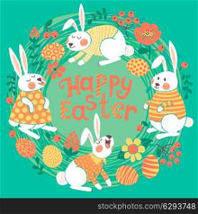 Happy Easter card with cute bunnies and colored eggs. Vector illustration.