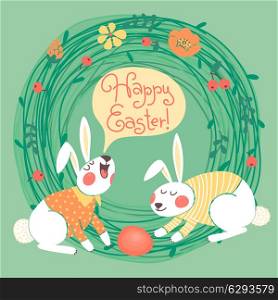 Happy Easter card with cute bunnies. Vector illustration.