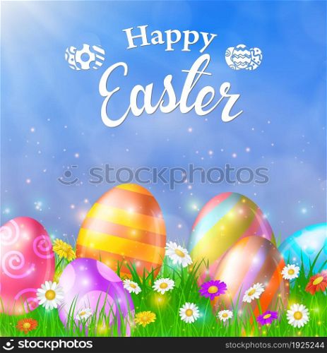 Happy Easter Card with Eggs, Grass, Flowers and Bokeh Effect. Vector illustration. Happy Easter Card with Eggs, Grass, Flowers