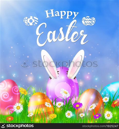 Happy Easter Card with Eggs, Grass, Flowers and Bokeh Effect. Vector illustration. Happy Easter Card with Eggs, Grass, Flowers