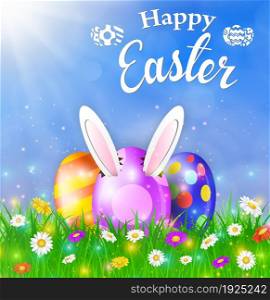 Happy Easter Card with Eggs, Grass, Flowers. Rabbit ears sticking out of the egg. Vector illustration. Happy Easter Card with Eggs, Grass, Flowers