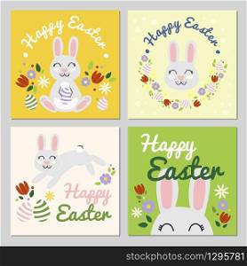 Happy Easter Cards Vector Set to Celebrate Easter. 4 cards with bunny rabbit smiling with flowers. Flat illustration with spring colorful mood. Easter Egg hunt. Happy Easter Cards Vector Set to Celebrate Easter. 4 cards with bunny rabbit smiling with flowers. Flat illustration with spring colorful mood.