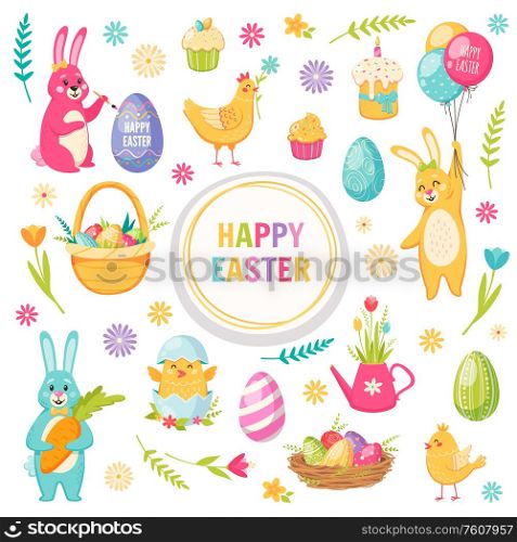 Happy Easter cartoon set with basket hare flowers and eggs isolated vector illustration