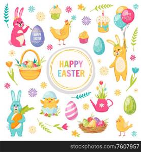Happy Easter cartoon set with basket hare flowers and eggs isolated vector illustration