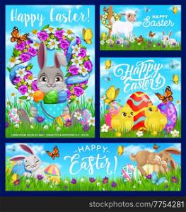 Happy Easter cartoon vector posters. Bunnies, sheep and chicks, painted eggs and wreath on field with flowers and butterflies, cloudy sky. Happy Easter holiday postcards with cute animals banners set.. Happy Easter cartoon vector posters, postcards set