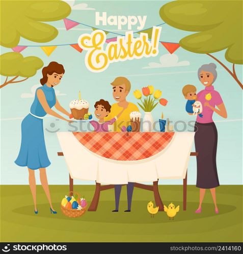 Happy easter celebration flat poster with family dinner outdoor with tulips and traditional cake flat poster illustration . Family Easter Dinner Flat Poster