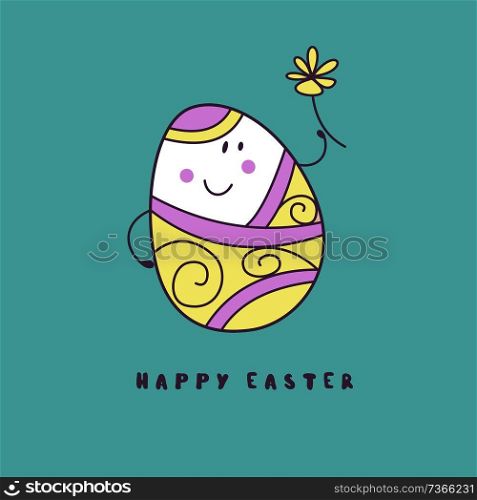 happy Easter. Cheerful Easter painted egg. Cute vector holiday illustration in cartoon style. Greeting card.. happy Easter. Cute vector festive illustration in cartoon style.