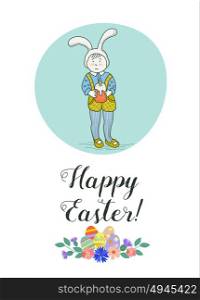 Happy Easter! Child in Bunny costume holding a Easter cake. A wreath of spring flowers and Easter eggs. Vintage hand drawn Easter card.