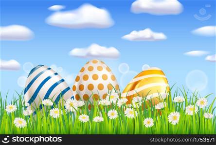 Happy Easter Colored Eggs banner template. Realistic shine decorated, painted eggs, colorful spring flowers chamomile, dandelions, blue sky. Spring holiday poster, greeeting card, flyer vector, illustration. Happy Easter Colored Eggs banner template. Realistic shine decorated, painted eggs, colorful spring flowers chamomile, dandelions, blue sky. Spring holiday poster