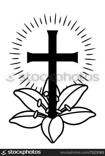 Happy Easter concept illustration. Cross and lilies. Greeting card. with religious symbol of faith.. Happy Easter concept illustration. Cross and lilies.