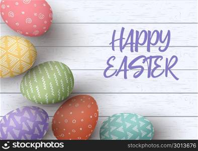 Happy Easter. Congratulatory easter white wooden background. Easter colorful eggs with different simple ornaments. vector illustration. Postcard template, decoration, label, tag, poster, design, web. Happy Easter. Congratulatory easter white wooden background. Easter colorful eggs with different simple textures.