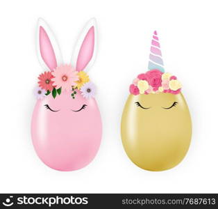 Happy Easter Cute Egg Rabbit Ears and Unicorn. Vector Illustration EPS10. Happy Easter Cute Egg Rabbit Ears and Unicorn. Vector Illustration