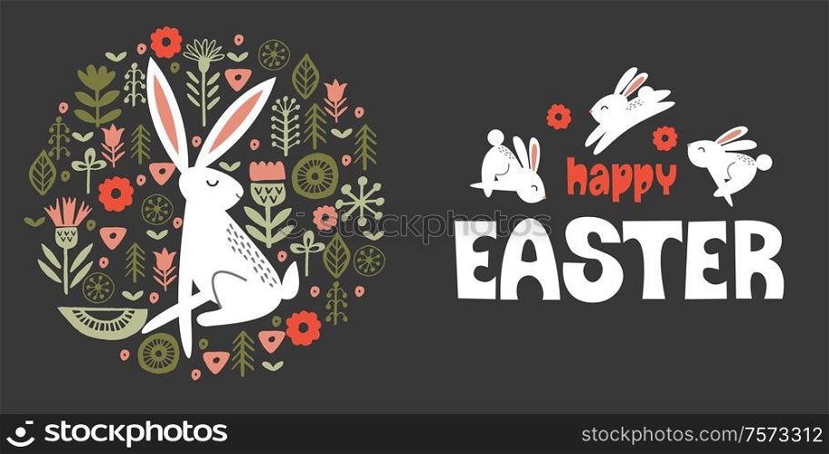 happy Easter. Cute white rabbits and a hare in a circular pattern of spring flowers. On dark background. Vector illustration. Hand drawn text.. happy Easter. Cute white rabbits and a hare in a circular pattern of spring flowers. On dark background. Vector illustration.