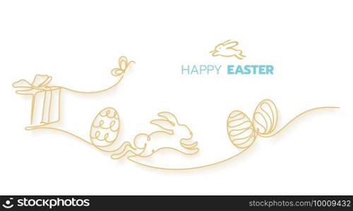 Happy easter day celebration, happiness fun rabbit running on field with gift presents and eggs continuous line art style vector illustration