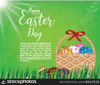 Happy easter day design Basket of easter eggs on green grass at sunny day,illustration EPS10.