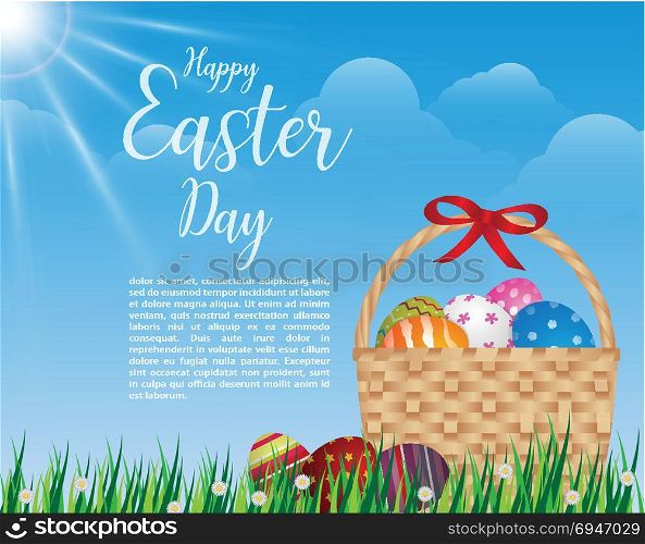 Happy easter day design Basket of easter eggs on green grass at sunny day,illustration EPS10.