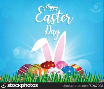 Happy easter day design easter eggs and rabbit ears on green grass at sunny day,illustration EPS10.