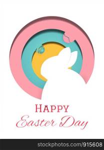 Happy Easter Day Greeting card illustration vector. Rabbit and Easter eggs in composition. Holiday and Artwork concept. Animal in paper theme.