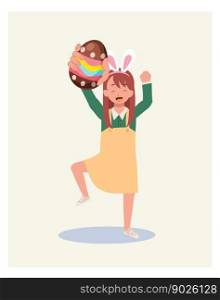 Happy Easter Day.happy Little girl with bunny ears holding Easter egg. I found easter egg, Flat style vector illustration.