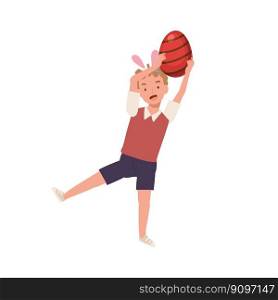 Happy Easter Day. Little boy with bunny ears is happy to found a Big Easter egg. holding big easter egg upper head. Flat style vector illustration.