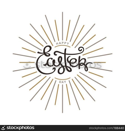 Happy Easter Day. Monochrome hand lettering label for greeting cards. Trendy linear sunbeams. Vector design elements. . Happy Easter Holiday