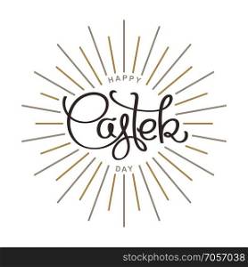 Happy Easter Day. Monochrome hand lettering label for greeting cards.
 Trendy linear sunbeams. Vector design elements.. Happy Easter Day