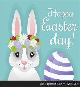 Happy easter day post card. Flat design vector illustration on a blue background. Cute rabbit with flowers and egg. Great holiday gift card or poster - ready for use. Happy easter. The trend calligraphy. Vector illustration on a blue background. The rabbit ears. Great holiday gift card.