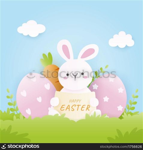 Happy Easter Day with eggs and rabbit background. Vector art illustration.