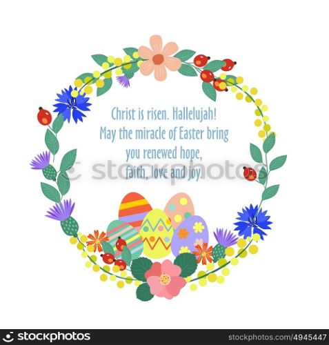 Happy Easter! Easter card. Spring flowers, painted Easter eggs.