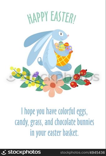 Happy Easter! Easter card with eggs, flowers and Bunny with basket and wishes. Vector illustration. Isolated on white background.
