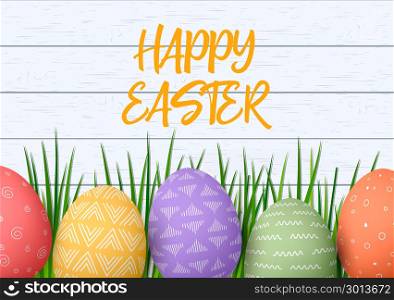 Happy Easter. Easter colorful eggs in row with different simple ornaments. white wooden background and grass frame. vector illustration. Postcard template, decoration, label, tag, poster, design, web. Happy Easter. Easter colorful eggs in row with different simple ornaments. white wooden background and grass frame.