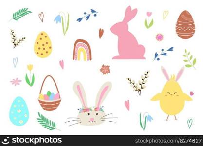 Happy Easter, Easter decor set in pastel colors. Rabbits, chicken, Easter eggs, flowers, rainbow and basket. vector. 