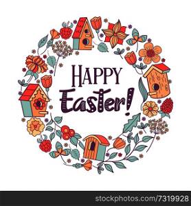 happy Easter. Easter spring wreath. Flowers, herbs, birdhouse, bird. Spring holiday Easter vector illustration.