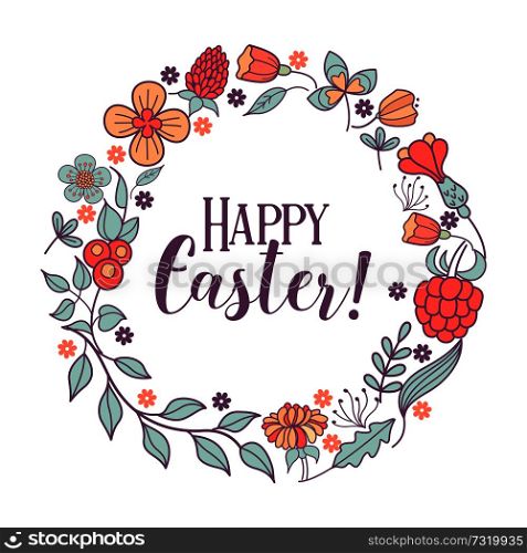 happy Easter. Easter spring wreath. The flowers and herbs. Spring holiday Easter vector illustration.