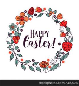 happy Easter. Easter spring wreath. The flowers and herbs. Spring holiday Easter vector illustration.