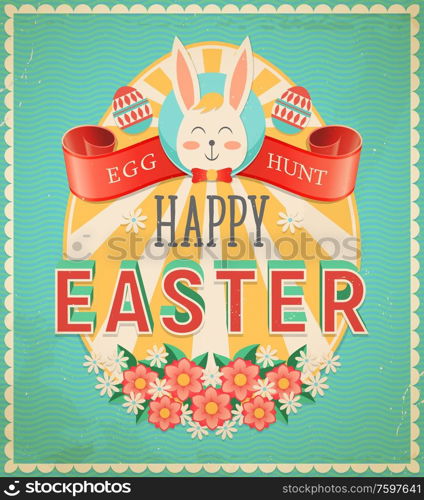Happy Easter egg hunt vintage greeting card. Vector poster with rabbit, decorated eggs, flowers and red curled ribbon with typography. Easter christian spring holiday celebration grunge design card. Happy Easter egg hunt vintage grunge greeting card