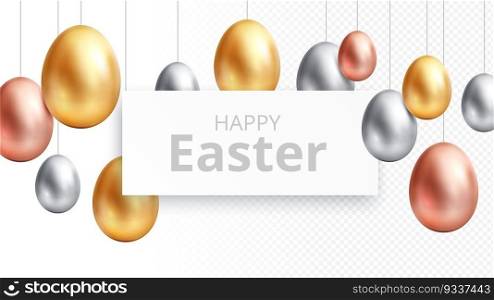 Happy easter. Egg hunting banner, celebrating poster with hanging gold eggs. Isolated springtime festive religion elements, greetings vector background. Happy easter banner with gold eggs illustration. Happy easter. Egg hunting banner, celebrating poster with hanging gold eggs. Isolated springtime festive religion elements, greetings vector background