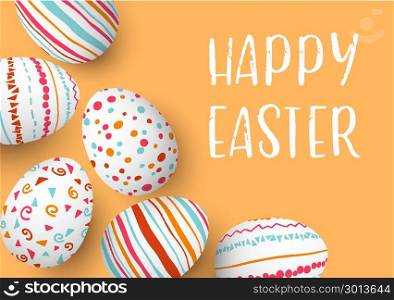 Happy Easter eggs frame with text. Colorful easter eggs on golden background. hand font. Scandinavian ornaments. simple orange, red, blue stripes, patterns , confetti, vector illustration. Happy Easter eggs frame with text. Colorful easter eggs on golden background