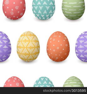 Happy Easter eggs seamless pattern. Set of ornamented colored Easter eggs with different simple textures isolated. Spring holiday. Vector Illustration. For decoration, prints, postcards, design, web. Happy Easter eggs seamless pattern. Set of ornamented colored Easter eggs with different simple textures