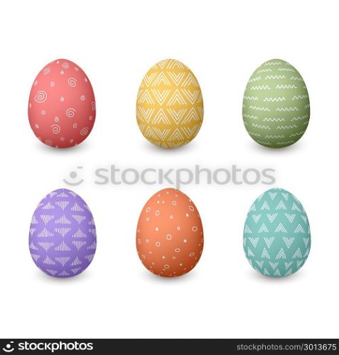 Happy Easter eggs. Set of whtie Easter eggs with different simple textures on golden white background isolated. Happy Easter eggs. Set of whtie Easter eggs with different simple textures on golden white background. isolated. Spring holiday. Vector Illustration. For decoration, prints, postcards, design, web