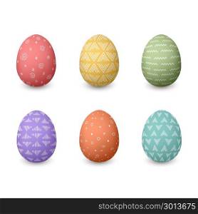 Happy Easter eggs. Set of whtie Easter eggs with different simple textures on golden white background isolated. Happy Easter eggs. Set of whtie Easter eggs with different simple textures on golden white background. isolated. Spring holiday. Vector Illustration. For decoration, prints, postcards, design, web
