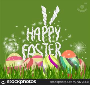 Happy easter eggs. Spring background with white dandelions