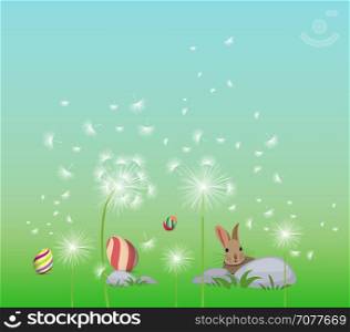 Happy easter eggs. Spring background with white dandelions