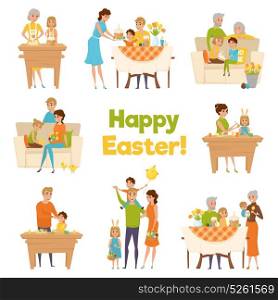 Happy Easter Family Set. Family easter big set with flat cartoon characters of happy celebrating parents with children and grandparents vector illustration