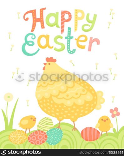 Happy Easter Festive postcard with hen, chickens and painted eggs on a meadow.. Happy Easter Festive postcard with hen, chickens and painted eggs on a meadow. Vector illustration.