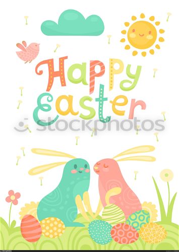 Happy Easter festive postcard with rabbits painted eggs on a meadow.. Happy Easter festive postcard with rabbits painted eggs on a meadow. Vector illustration.