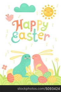 Happy Easter festive postcard with rabbits painted eggs on a meadow.. Happy Easter festive postcard with rabbits painted eggs on a meadow. Vector illustration.