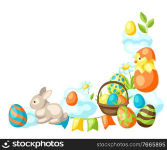 Happy Easter frame with holiday items. Decorative symbols and objects.. Happy Easter frame with holiday items.
