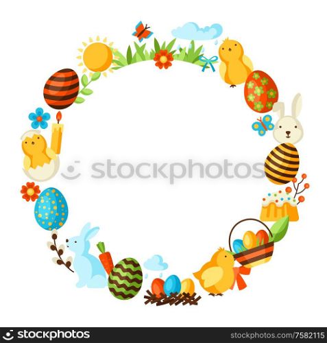 Happy Easter frame with holiday items. Decorative symbols and objects, eggs, bunnies.. Happy Easter frame with holiday items.